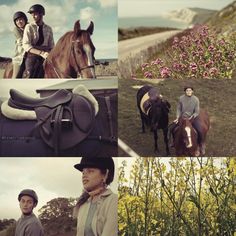 two people are sitting on horses and one is standing next to a horse in the grass