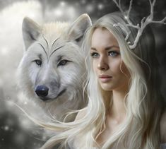 a woman standing next to a white wolf