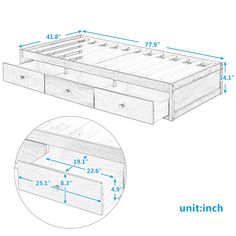 a drawing of a bed with drawers and measurements for the headboard, foot board and mattress