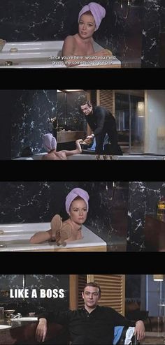 a woman in a bathtub with a towel on her head and another man wearing a turban