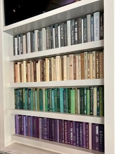 a book shelf filled with lots of books on top of white shelves next to a window