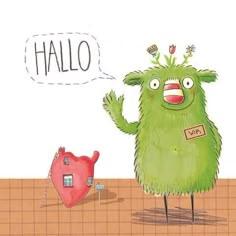 a green monster standing next to a red heart with the word hello written on it