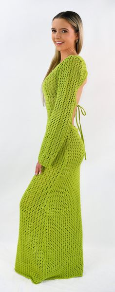 Get away from it all! Take a much-needed break from the mundane and get ready for an unforgettable summer getaway with this crochet maxi dress! Perfect for summer nights, this breezy maxi dress boasts a boatneck collar with an open back that ties at the neckline, giving you a touch of summertime style while you relax with friends. Color- Pear Green 60% Acrylic 40% Cotton Beachwear Crochet Maxi Dress Beach Cover-up, Beachwear Crochet Maxi Dress Cover-up, Long Summer Crochet Dress For Spring, Maxi Length Crochet Beach Dress, Long Crochet Dress For Spring And Summer, Chic Open Knit Maxi Dress For Summer, Long Open Knit Summer Dress, Summer Crochet Maxi Dress For Beach Party, Maxi Crochet Dress For Beach Vacation