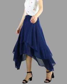 * A beautiful chiffon skirt, have 3 layers, two layers chiffon and one layer lining, not sheer at all. * Quality pearl chiffon fabric, soft, breathing and easy care. * Asymmetrical hem, it moves very beautifully when you walk. * Support 7 days return to get full refund on item without any reason. * Can custom size and colors, lead time is 6-8 days; * Let us know your usual size in your country and your overall height. * If you have some specific request or special characters such as broad should Chiffon Asymmetrical Skirt With Lining, Fitted Chiffon Asymmetrical Skirt, Blue Chiffon Lined Skirt, Non-stretch Chiffon Skirt For Summer, Summer Chiffon Non-stretch Skirt, Satin Top Outfit, Dark Green Skirt, Skirt Chiffon, Skirt Asymmetrical