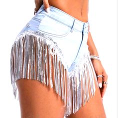 Womens Sequin Tassel Decor Mini Denim Shorts 63% Cotton 28% Polyester 7% Viscose 2% Elastane Blue Fringe Shorts For Spring, Party Cutoff Denim Shorts, Summer Party Cutoff Bottoms, Summer Denim Blue Jeans With Fringe, Summer Denim Blue Fringe Jeans, Summer Fringe Denim Blue Jeans, Trendy Fringe Shorts, Party Denim Bottoms With Fringe, Summer Party Jean Shorts With Rhinestone Fringe