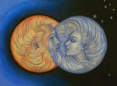 two women are facing each other in front of an orange and blue moon