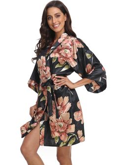 Spring Satin Kimono With Floral Print, Long Floral Robes For Women, Kimono Sleepwear, Spring Floral Print Satin Kimono, Satin Kimono With Floral Print, Robes Bridesmaids, Women Silk Robe, Floral Print Sleepwear With Kimono Sleeves, Floral Print Satin Kimono