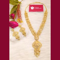 Beautiful gold plated Kuwaiti necklace with earrings. Elegant wear. Perfect for any occasion. More variety in our shop. Feel free to contact us for any enquiries. Please provide detailed address with contact number when order is placed as it is required on shipping label. Gold Chandbali Necklaces For Eid, Gold Temple Jewelry Necklaces For Eid, Gold Necklace For Eid Festivities, Gold Necklaces For Eid, Festive Gold Necklace For Eid, Elegant Gold Kundan Necklace For Eid, Gold Jewelry For Eid Celebration, Gold Chandbali Necklace With Elegant Design, Gold Kundan Necklace With Intricate Design For Eid