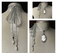 "Cameo necklace! This beautiful and detailed \"silver grey cameo\" is set in an antique silver pendant and attached to a silver grey organza ribbon! The \"silver organza ribbon\" tie measures 52\" allowing for a full and sufficient bow....that can be tied on the side of the neck or at the nap of the neck! I have also attached 2 teardrop pearls at the end of each tie! This \"cameo necklace\" would be the perfect accessory for the vintage or Victorian bride! Please select if you would like this it Elegant Cameo Necklaces For Wedding, Elegant Cameo Necklace For Formal Occasions, Elegant Cameo Necklace For Wedding, Antique Silver Oval Necklace For Wedding, Cameo Pendant Necklace For Wedding, Victorian Cameo Silver Necklace, Silver Cameo Pendant Necklace, Victorian Silver Necklaces For Wedding, Victorian Silver Cameo Jewelry