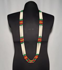 Genuine Bone Hairpipe 3 1/2" Glass Tile Beads (red, green, yellow) Three strands Length 54" Traditional Green Multi-strand Beads, Large Green Beads For Festivals, Bone Jewellery, Bone Jewelry, Red Green Yellow, Earring Patterns, Beaded Necklaces, Glass Tile, Green Yellow