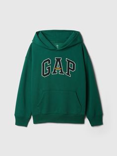 Soft cotton-blend hoodie.  Hooded neckline.  Long sleeves.  Gap Athletic logo at front.  Kanga pocket.  Banded hem.  Straight, easy fit.  Hits at the hip. Essex Green, Gap Sweatshirt, Gap Hoodie, June Bug, Kids Athletic, Gap Logo, Hoodie Green, Boys Sweatshirts, Boys Sweaters