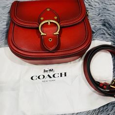 Very Nice With No Issues, Metals And Zippers Are In Good Shape, No Signs Of Worn Out Designer Saddle Bag Satchel For Shopping, Designer Shoulder Bag With Adjustable Strap As Gift, Designer Bag With Adjustable Strap As Gift, Red Saddle Bag With Gold-tone Hardware, Elegant Red Saddle Bag With Gold-tone Hardware, Coach Crossbody Shoulder Bag Gift, Coach Crossbody Shoulder Bag For Gift, Coach Top Handle Shoulder Bag As Gift, Designer Coach Satchel Flap Bag