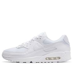 Featuring clean lines and timeless design, the Air Max 90 from Nike are available in a variation of colourways & styles. The shapes and patterns are constructed to convey speed, but they remain aesthetically appealing in bold color combinations.\n Classic Nike Sneakers With Vented Sides, Classic Nike Sneakers With Perforations, Classic White Running Shoes With Air Max Cushioning, Classic Mesh Sneakers With Cushioned Footbed, Classic Sneakers With Air Max Cushioning, Classic Mesh Breathable Sneakers, Classic Breathable Mesh Sneakers, White Nike Air Max With Breathable Synthetic Material, White Nike Air Max With Breathable Synthetic