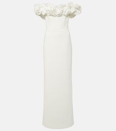 Bridal Tessa off-shoulder gown in white - Rebecca Vallance | Mytheresa White Off Shoulder Evening Dress With Ruffles, Elegant White Ruched Off Shoulder Dress, White Off-shoulder Evening Dress With Ruffles, White Ruffled Off Shoulder Evening Dress, Evening White Off Shoulder Dress With Ruffles, Formal Fitted Gown In Elastane, Fitted Elastane Gown For Formal Occasions, White Ruched Off Shoulder Evening Dress, Chic Off-shoulder Fitted Floor-length Dress