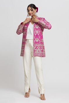 Rani pink full sleeve blazer with resham embroidery in floral pattern and mandarin collared neckline. - Aza Fashions Pink Long Sleeve Bandhgala For Reception, Pink Bandhgala With Zari Work And Long Sleeves, Pink Long Sleeve Bandhgala With Zari Work, Festive Pink Long Sleeve Bandhgala, Pink Festive Outerwear For Wedding, Festive Pink Outerwear For Wedding, Pink Spring Festive Outerwear, Spring Festive Pink Outerwear, Pink Wedding Outerwear For Festive Season