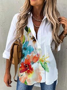 Watercolor Flower Button Front Tunic Blouse Plus Size Chic, Floral Long Sleeve Shirt, Painted Clothes, Floral Print Shirt, Floral Print Blouses, Womens Clothing Stores, Look Chic, Womens Fashion Casual, Printed Blouse