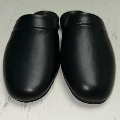 They Appear As Brand New & Unworn , No Issues , Odors , Smoking Or Pets Black Leather Slip-on Mules, Black Leather Footbed Slippers For Formal Occasions, Black Synthetic Slippers With Leather Sole, Black Leather Slippers With Branded Insole, Black Slippers With Leather Sole, Black Leather Slippers With Almond Toe, Black Flat Slippers With Leather Sole, Black Leather Almond Toe Slippers, Black Slip-on Slippers With Leather Lining