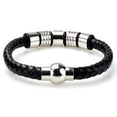 Braided Black Leather Mens Bracelet 6 MM 8.50 Inches with Stainless Steel Magnetic Clasp. This stylish men's bracelet features a black leather band with a braided design and crafted of stainless steel. Masculine Adjustable Braided Bracelets With Leather Strap, Masculine Adjustable Braided Leather Bracelet, Modern Adjustable Braided Leather Bracelet, Classic Adjustable Black Wristband, Adjustable Braided Bracelet With Stainless Steel Clasp, Casual Black Braided Jewelry, Black Metal Bracelet With Leather Strap, Classic Adjustable Bracelet With Black Band, Adjustable Black Leather Strap Jewelry