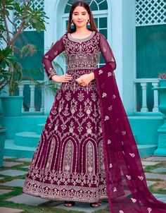 Velvet Pant style Anarkali Butterfly Net Salwar Kameez in Cording Embroidery & Lace Work Net Anarkali Dresses, Wine Pants, Celana Fashion, Net Gowns, Butterfly Net, Long Anarkali, Gown With Dupatta, Salwar Dress, Dress Salwar Kameez