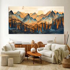 a living room with two couches and a painting on the wall