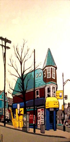 an oil painting of a gas station