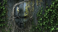 a wooden door with vines growing around it and a face on the side of it