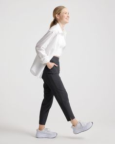 These look like classic work pants, but move like your favorite activewear. Our lightweight, breathable Performance Tech Commuter Pants have just the right amount of stretch for days when you’re on the go, plus the sun protection and quick-dry properties of top-notch performance wear.  | Quince | Women's Performance Tech Ankle Pants in Black, Size Medium, Recycled Polyester Versatile Workout Joggers With Tapered Leg, Casual Jogging Pants With Functional Pockets, Casual Jogging Bottoms With Functional Pockets, Sporty Cargo Pants With Side Pockets For Work, Stretch Athleisure Cargo Pants With Functional Pockets, Versatile Tapered Leg Joggers For Sports, Versatile Tapered Leg Sweatpants For Sports, Relaxed Fit Jogging Pants, Casual Workout Pants With Functional Pockets