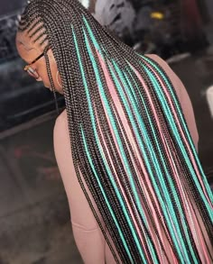 Pink And Blue Peekaboo Braids, Pink Blue And Black Knotless Braids, Pink And Blue Knotless Braids, Colorful Knotless Box Braids, Peak A Boo Hair Color Braids, Rainbow Knotless Braids, Brown And Blue Braids, Braids With Color Underneath, Colored Braided Hairstyles