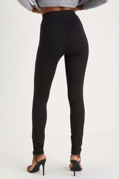 The perfect fit does exist These versatile leggings have a figure-flaunting ponte knit construction that shapes a high-rise fit with a banded waist and skinny pant legs with raised seam details along the center. Fit: This garment fits true to size. Length: Ankle length. Size medium Inseam: 31.25 Front Rise: 10.00 Waist: Fitted - elastic waist allows stretch. Hip: Fitted - stretchy fabric allows room for hips. Fabric: Fabric is very stretchy. Unlined. 60% Rayon, 35% Nylon, 5% Spandex. Hand Wash C Micro-elastic Athleisure Leggings With Elastic Waistband, Solid Breathable Leggings With Micro-elastic Fit, Black High Waist Micro-elastic Leggings, Black Micro-elastic Long Activewear Pants, Black Micro-elastic Athleisure Leggings, High Waisted Black Leggings, Lulu Fashion, High Rise Leggings, Band Tees