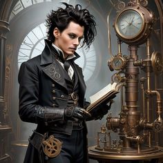 a man with black hair is holding a book in front of a clock and lamp