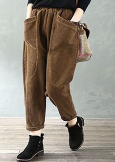 Plus Size Chocolate Elastic Waist Pockets Velour Harem Pants Fall Retro Pants, Style Japonais, Tie Front Blouse, Trousers Pants, Baggy Pant, Fitted Trousers, Loose Pants, Straight Skirt, Denim Trousers