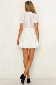 White dress. Partially lined. Cold hand wash only. Model is a standard XS and is wearing XS. True to size. Non stretchy fabric. Invisible back zip. Stripe placement may vary. Polyester. The Real Fun Dress is such a vibe! It has a V neckline, short sleeves and frill trim. It also has an invisible back zip and a tie waist detail. Pair it with a belt bag and slides! Fun Dress, Cold Hands, Dress White, Stretchy Fabric, V Neckline, No Frills, Belt Bag, Nice Dresses, Slides