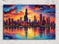 a painting of the chicago skyline at sunset