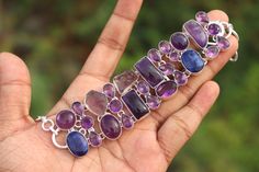 Natural Amethyst and Blue Emerald stone handmade silver plated bracelet |Vintage Amethyst gemstone bracelet| Gift for her on Anniversary. #Mother's Day#handmade jewelry solid Silver 925 with stamp#handmade jewelry#Birthstone #Fastsellin Item #Bestselling #Etsy2022 #StarSeller #Etsypik #Coupoun#Valentine's Day gifts #2022#SilverArtisan #Roynsilverarts #etsy #Shop #SilverArtical #Online #Lowprice stone name -Amethyst and Emerald stone color -Purple and grey, Blue metal plating - silver oxidized ma Bohemian Sterling Silver Crystal Bracelet With Gemstones, Bohemian Sterling Silver Crystal Gemstone Bracelet, Bohemian Sterling Silver Bracelet With Gemstones, Bohemian Nickel-free Purple Bracelets, Bohemian Nickel Free Purple Bracelets, Bohemian Nickel-free Purple Bracelet, Bohemian Purple Nickel-free Bracelet, Bohemian Silver Amethyst Crystal Bracelet, Handmade Sterling Silver Healing Bracelet