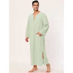 There is a pocket on the front for storing small items, which is convenient and practical. Made of soft fabric, it will be comfortable to wear, and you can enjoy leisure and sleep time at home. The long-sleeved gown is designed with a V-neck and pullover style for easy wearing and taking off. This nightshirt is suitable for beaches, holidays, festivals, home wear, and daily casual wear. Machine Wash Cold Inside Out. Model Body Size: Height: 6'1", Chest: 38 2/8 inches, Waist: 30 6/8 inches, Hip: Comfortable Sleepwear With Pockets For Home, Solid Cotton Sleepwear With Pockets, Sleepwear With Pockets, Green Cotton Sleepwear With Pockets, Cotton Sleepwear With Pockets For Relaxation, Casual Cotton Nightgown For Relaxation, Comfortable Solid Color Sleepwear With Pockets, Comfortable Solid Sleepwear With Pockets, Summer Sleepwear With Pockets For Relaxation