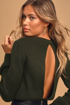 Ride On By Dark Olive Green Knit Backless Cropped Sweater Low Back Sweaters, Sweater Backless, Backless Sweater, Window Shopper, Green Outfits, Olive Sweater, Dress Better, Holiday 2024, Olive Green Sweater