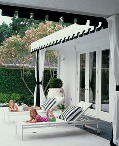 black and white awning Outdoor Bonus Room, Backyard Sandbox, Covered Terrace, Living Pool, Backyard Playhouse, Patio Inspiration, Backyard Inspiration, Outside Living, Backyard Games