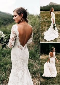 a woman in a wedding dress is walking through the grass with her back to the camera