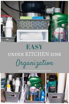 the under kitchen sink organization system is organized with items such as soap, toothpaste and mouthwash