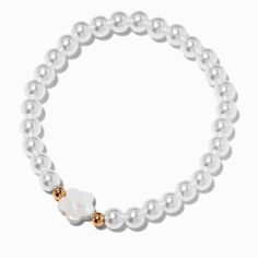 Claire's White Flower& Silver-tone Beaded Stretch Bracelet White Bracelet, Piercing Kit, White Bracelets, Jewelry Images, Beaded Stretch Bracelet, Metal Style, Flower Charm, 14kt Gold, Diamond Studs