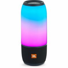 the jbl boom portable speaker is shown in blue and pink tones, with an orange light