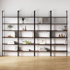 an empty room with bookshelves and plants on the shelves in front of it