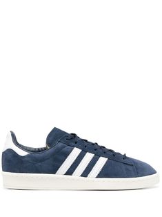 Campus 80s low-top sneakers from adidas featuring navy blue, white, nubuck leather, signature 3-Stripes logo, front lace-up fastening, round toe, leather lining and rubber outsole. Adidas Campus 80s, Adidas Campus, Stephen Curry, Blue Sneakers, Sneakers Blue, Summer Beach Wear, Low Top Sneakers, Blue Adidas, Ballet Flat Shoes