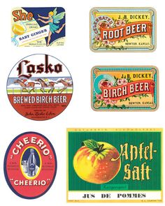 four different types of beer labels on a white background, each with an orange and green apple