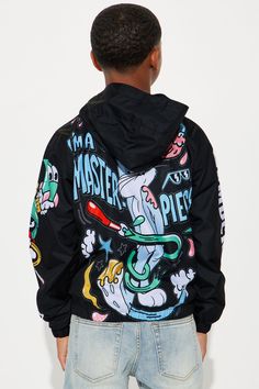 Available In Black. Windbreaker Mesh Lining Front Pockets Screen Print Hooded 100% Polyester Model Wears Size 10/12 Imported | Mini Bugs Bunny I'm A Masterpiece Zip Up Windbreaker Jacket in Black size 18 by Fashion Nova Casual Hooded Windbreaker For School, Multicolor Drawstring Hood Outerwear For Streetwear, Playful Hooded Windbreaker For Winter, Multicolor Outerwear With Drawstring Hood For Streetwear, Casual Black Outerwear For School, Hooded Graphic Print Outerwear For Spring, Playful Hooded Outerwear For School, Multicolor Streetwear Outerwear With Adjustable Hood, Trendy Graphic Print Windbreaker For Streetwear