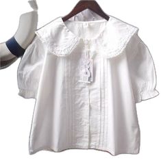 Kawaii Style Blouse For Spring, Casual White Blouse With Doll Collar, White Cotton Blouse With Cute Collar, Cute Cotton Blouse With Lace Collar, Spring Kawaii Blouse, Summer Kawaii Blouse, Spring Kawaii Top With Doll Collar, Kawaii Spring Top With Doll Collar, Cute White Blouse With Doll Collar