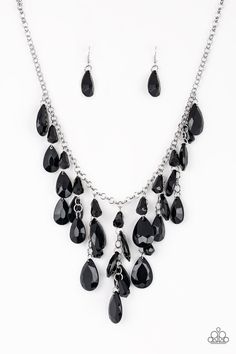 Faceted black teardrops and faceted black beads swing from the bottom of a shimmery silver chain. Matching beads trickle down free-falling chains, creating a glamorous fringe below the collar. Features an adjustable clasp closure. Sold as one individual necklace. Includes one pair of matching earrings. P2ST-BKXX-061XX Pink Jewels, Free Falling, Fringe Necklace, Teardrop Beads, Paparazzi Accessories, Teardrop Necklace, Black Necklace, Silver Accessories, Paparazzi Jewelry