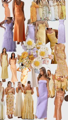 Lilac, apricot, butter yellow, and floral colored dresses with floral bouquet in the center to bring the colors together. Pink Yellow Weddings, Boho Color Scheme, Mismatched Dresses, Pastel Bridesmaids, Wedding Ootd, Pastel Bridesmaid Dresses, Wedding In Mexico, Bridesmaids Dress Inspiration, 2025 Wedding