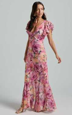 Jasmine Maxi Dress - Plunge Neck Short Flutter Sleeve Frill Hem Mermaid in Pink floral | Showpo USA Dress Georgette, Formal Wedding Guest Dress, Formal Wedding Guests, Classic Style Outfits, Saree Gown, Feminine Elegance, Flutter Dress, Prom Dress Inspiration, Cocktail Attire