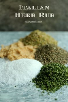 various types of herbs on a plate with the words italian herb rub written above them